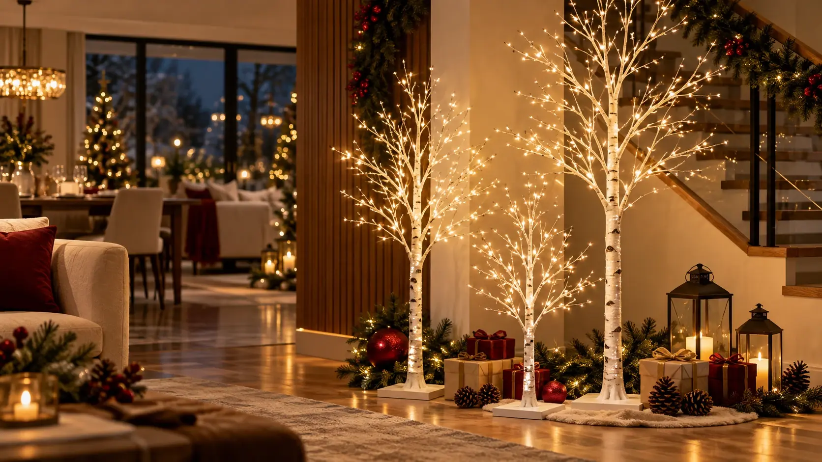 Sala decorada com árvores iluminadas de Natal